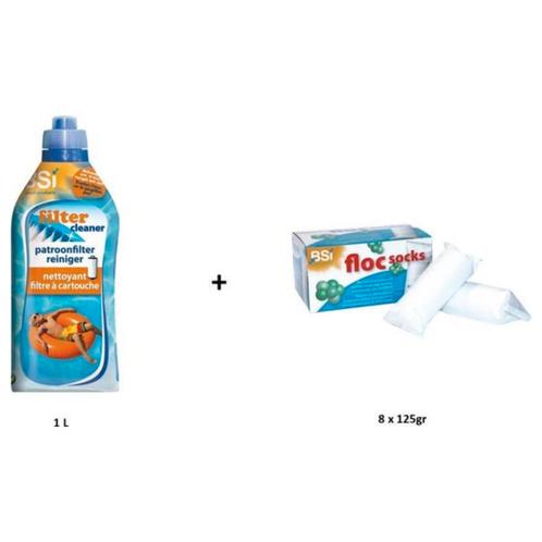 Zwembad filter kit: BSI Filter Cleaner 1L + Floc socks 8st, Tuin en Terras, Zwembad-toebehoren