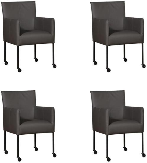 Set van 4 Donkergrijze leren moderne kuipstoel - poot rond z, Huis en Inrichting, Stoelen, Vier, Overige kleuren, Nieuw, Leer
