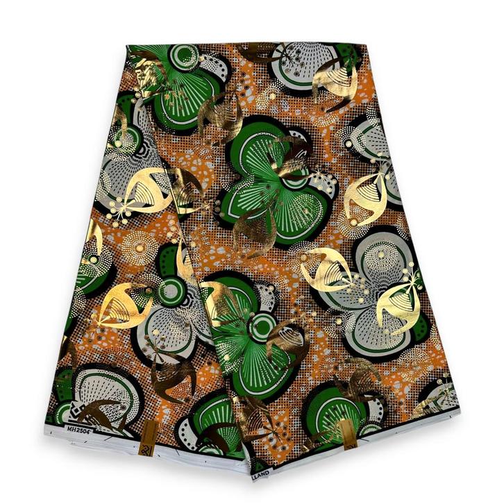 Afrikaanse stof - Groene Bows - Goudeffecten - 100% katoen -, Hobby en Vrije tijd, Stoffen en Lappen, Nieuw, Ophalen of Verzenden