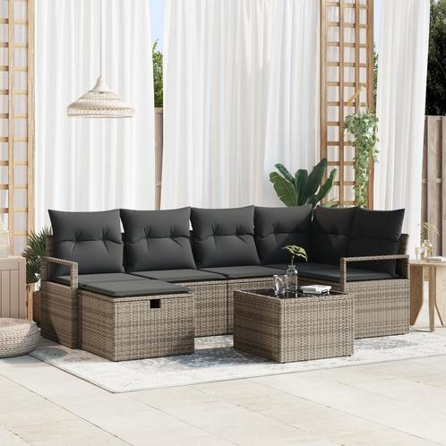 vidaXL 7-delige Tuinbankenset met kussens poly rattan grijs, Tuin en Terras, Tuinsets en Loungesets, Nieuw, Rotan, Verzenden