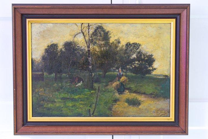 J.C. van Hulsteijn (1860-1894 - Vrouw met balen stro in een, Antiek en Kunst, Kunst | Schilderijen | Klassiek