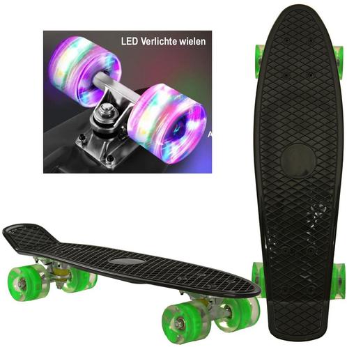 Sajan - Skateboard - LED - Penny board - Zwart-Groen - 22.5, Sport en Fitness, Skateboarden, Skateboard, Nieuw, Verzenden