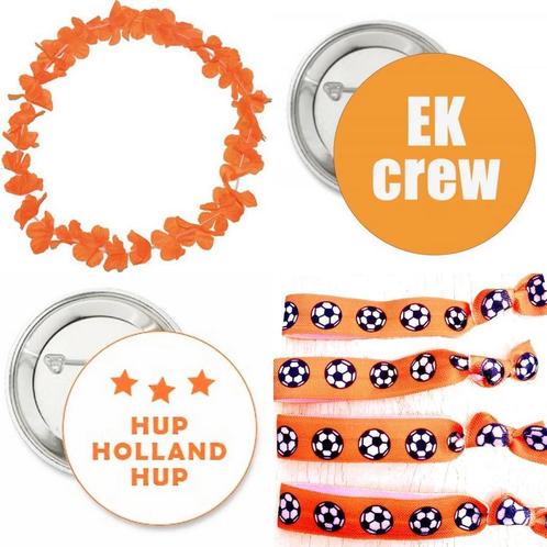 EK set met 1 oranje hawaii krans, 2 buttons en 4 armbanden, Hobby en Vrije tijd, Feestartikelen, Oranje of Koningsdag, Feestartikel