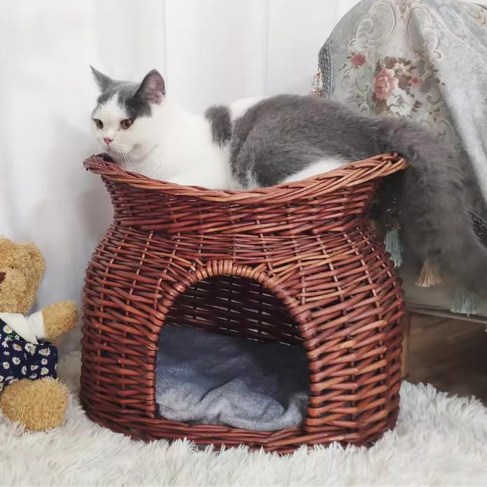 2-laags Rotan Kattenhuis – Verhoogd Kattenbed met Zachte Kus, Dieren en Toebehoren, Kattenmanden, Nieuw, Verzenden