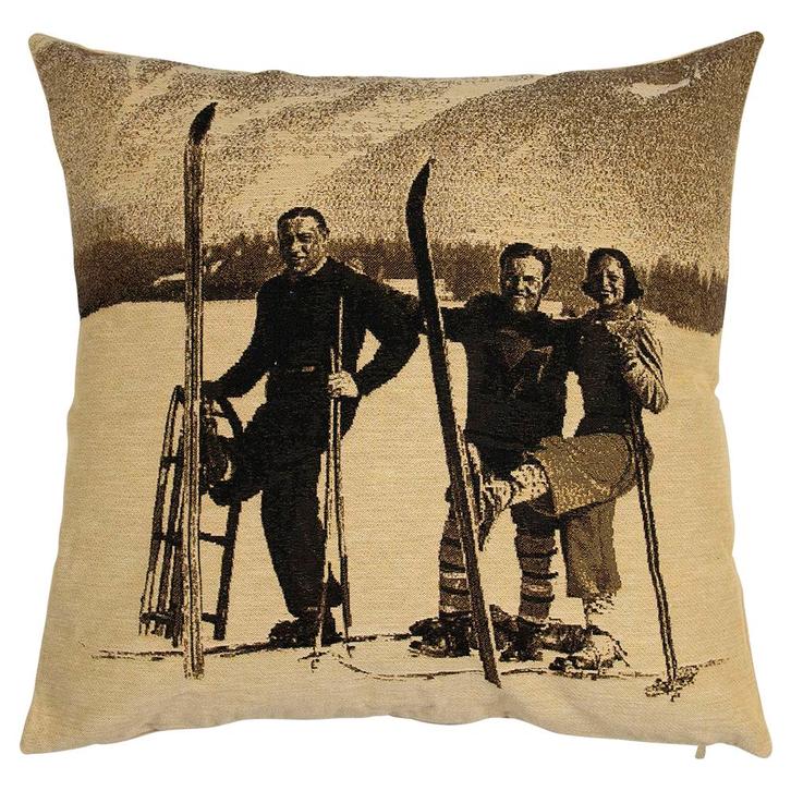 gobelin kussen sepia 3 skiers 45x45cm, Huis en Inrichting, Woonaccessoires | Overige, Verzenden