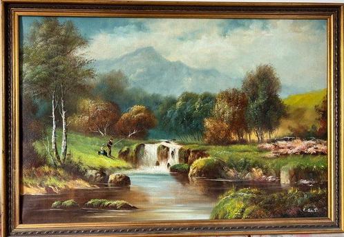 C Best. (XlX]]X) - Figures fishing by a waterfall. No, Antiek en Kunst, Kunst | Schilderijen | Klassiek