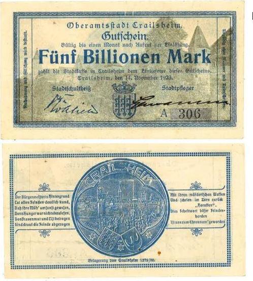 Duitsland 5 Billionen Mark Crailsheim 1923 Notgeld selten, Postzegels en Munten, Munten | Nederland, Verzenden