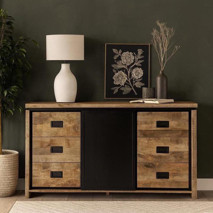 Novelle dressoir, mangohout (nieuw, A-keuze), Huis en Inrichting, Kasten | Dressoirs, Nieuw, Overige houtsoorten, Metaal