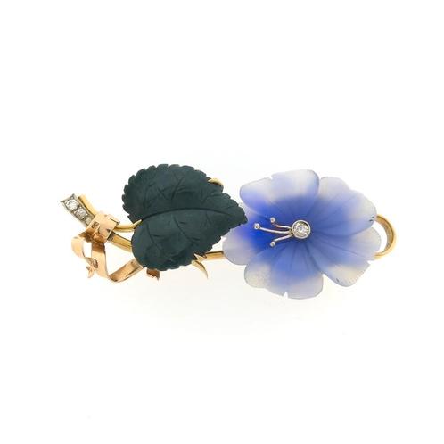 Tricolor gouden broche met gekleurd glas, jade en diamant..., Sieraden, Tassen en Uiterlijk, Broches, Overige kleuren, Gebruikt