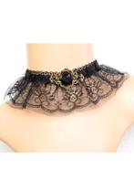 Choker Zwart Kant Steampunk Kraagje Tandwieltjes 9 Kanten Zw, Kunststof, Verstelbaar, Zwart, Nieuw