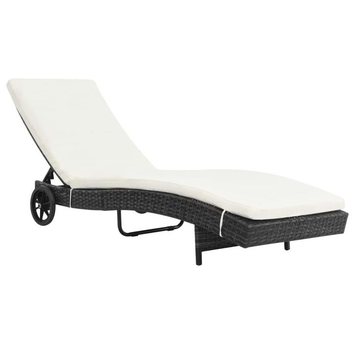 vidaXL Ligbed met wielen en kussen poly rattan zwart, Tuin en Terras, Ligbedden, Nieuw, Verzenden