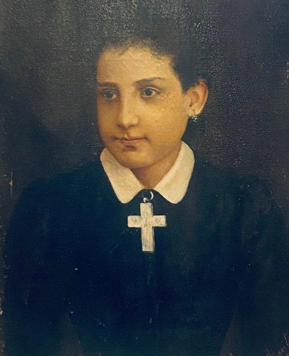 European School (XIX) - Ritratto di giovane con croce, Antiek en Kunst, Kunst | Schilderijen | Klassiek