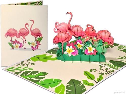 Grote pop-up kaart met Roze Flamingo’s en tropische blo..., Diversen, Wenskaarten, Verzenden