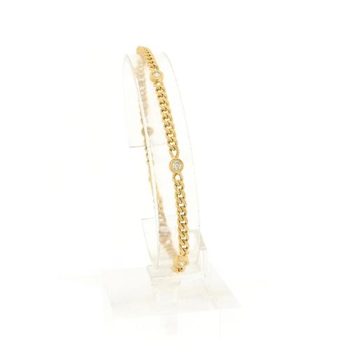 18 Krt. Gouden platte gourmetschakel armband met diamant;..., Sieraden, Tassen en Uiterlijk, Armbanden, Overige kleuren, Gebruikt