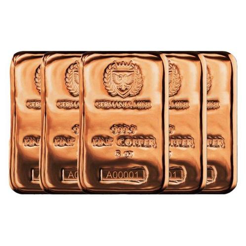 Germania Mint - Bar - Koper - 5 x 5 oz 9999 fijn koper, Postzegels en Munten, Edelmetalen en Baren