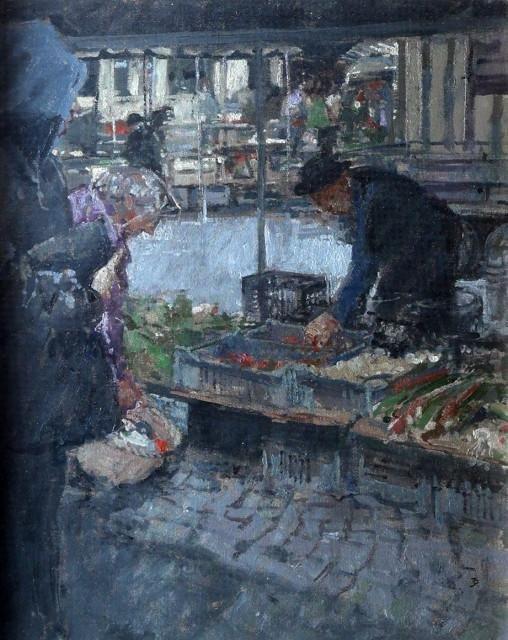 Franse school (XX) - Markt in Franse stad, Antiek en Kunst, Kunst | Schilderijen | Klassiek