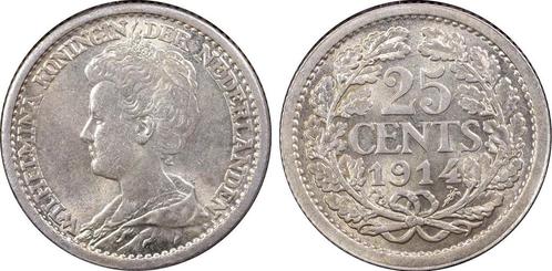 Koningin Wilhelmina 25 cent 1914 MS64 PCGS gecertificeerd, Postzegels en Munten, Munten | Nederland, Losse munt, Zilver, Verzenden