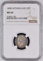 Koningin Wilhelmina 25 cent 1898 MS64 gecertificeerd NGC, Zilver, Losse munt, Verzenden