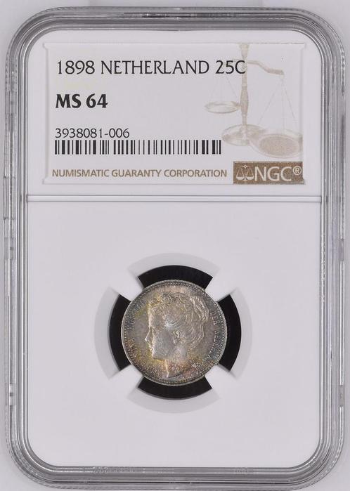 Koningin Wilhelmina 25 cent 1898 MS64 gecertificeerd NGC, Postzegels en Munten, Munten | Nederland, Losse munt, 25 cent, Koningin Wilhelmina
