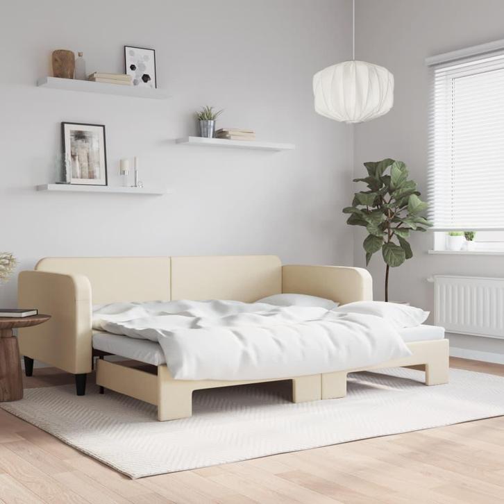 vidaXL Slaapbank met onderschuifbed 90x200 cm stof, Huis en Inrichting, Slaapkamer | Bedden, 90 cm, 200 cm, Crème, Eenpersoons
