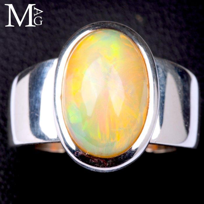 Natuurlijk opaal geelgroene reflecties oranje flitsen Ring, Verzamelen, Mineralen en Fossielen