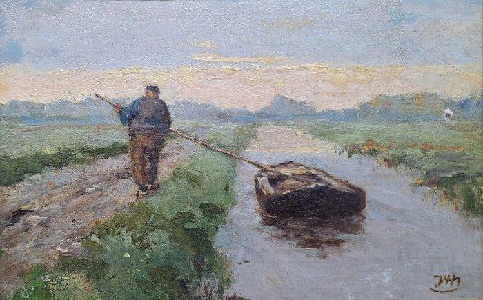 Ids Wiersma (1878–1965) - Man met roeiboot in de polder - NO, Antiek en Kunst, Kunst | Schilderijen | Klassiek
