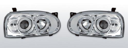 Koplampen Volkswagen Golf 3 92-97  Halo Rims chrome, Auto-onderdelen, Verlichting, Nieuw, Volkswagen, Verzenden