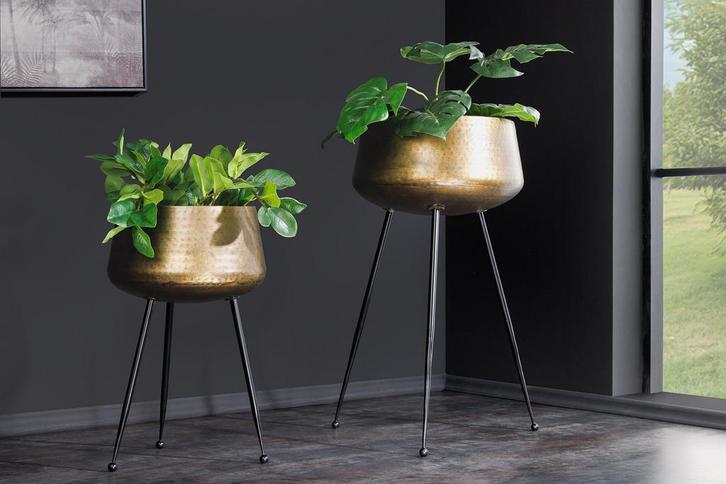 Set van 2 Bloempot FLOWERS 65cm messing goud zwart gehamerd, Huis en Inrichting, Woonaccessoires | Vazen, Ophalen of Verzenden