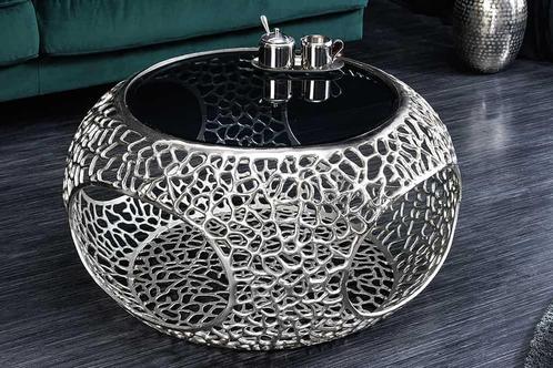 Ronde salontafel SPIN 75cm zilver zwart glas metaal met, Huis en Inrichting, Tafels | Salontafels, Ophalen of Verzenden