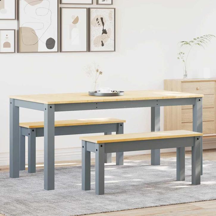 vidaXL 3-delige Eetset Panama massief grenenhout grijs, Huis en Inrichting, Complete eetkamers, Nieuw, Verzenden