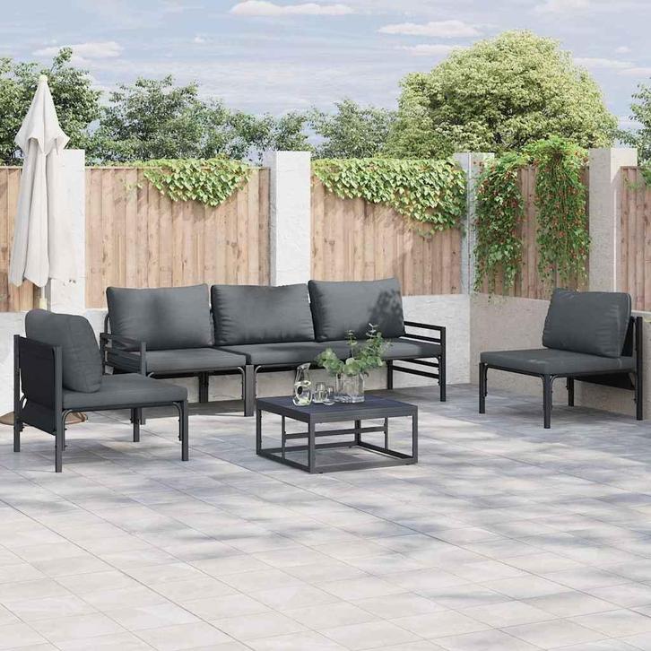 vidaXL Tuinbankenset met kussen 5 pcs Zwart Staal, Tuin en Terras, Tuinsets en Loungesets, Nieuw, Rvs, Verzenden