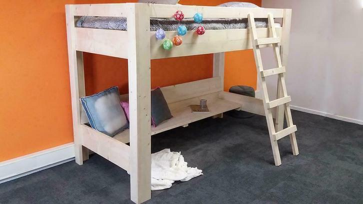 Halfhoogslaper steigerhout (incl. bank) (AANBIEDING), Huis en Inrichting, Slaapkamer | Stapelbedden en Hoogslapers, 200 cm, Eenpersoons