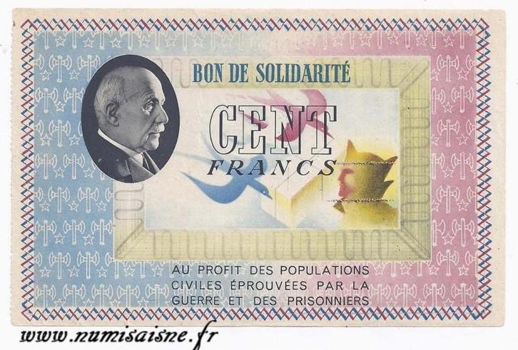1941 1942 France Frankreich biljet Von Solidaritaet 100 F..., Postzegels en Munten, Munten | Nederland, Verzenden