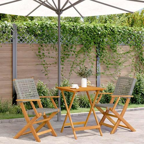 vidaXL 3-delige Bistroset poly rattan en massief hout grijs, Tuin en Terras, Tuinsets en Loungesets, Nieuw, Hardhout, Verzenden