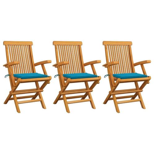 vidaXL Tuinstoelen 3 st met blauwe kussens massief teakhout, Tuin en Terras, Tuinstoelen, Nieuw, Teakhout, Verzenden