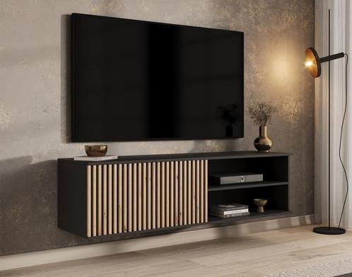Meubella | TV-Meubel hangend zwart 150 cm | eiken latjes, Huis en Inrichting, Kasten | Televisiemeubels, 150 tot 200 cm, 25 tot 50 cm