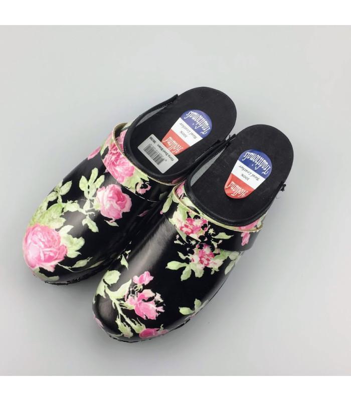 Hippe lederen damesklompen | open hiel zwart bloem, Kleding | Heren, Schoenen, Nieuw, Ophalen of Verzenden