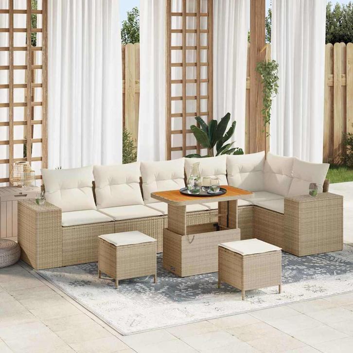 vidaXL Tuin Sofa Set met kussen met opslag 9 pcs Beige en, Tuin en Terras, Tuinsets en Loungesets, Nieuw, Rotan, Verzenden