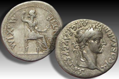 Romeinse Rijk. Tiberius (14-37 n.Chr.). Denarius Lugdunum, Postzegels en Munten, Munten | Europa | Niet-Euromunten