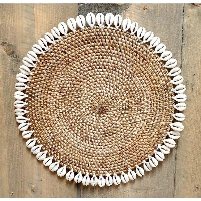 Wanddecoratie rotan/Schelpen cirkel 33 cm naturel, Tuin en Terras, Tuinwanddecoratie, Verzenden