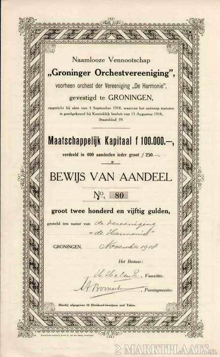 Zeldzaam Aandeel  Groninger Orchestvereeniging, 1918, Postzegels en Munten, Aandelen en Waardepapieren, Certificaat van aandeel