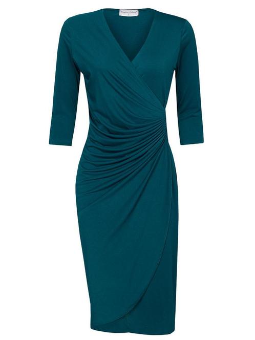 Jurk Geplooid Effen Petrol mw XL (42), Kleding | Dames, Jurken, Verzenden