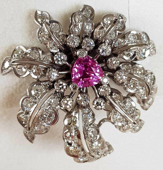 Broche Platina - 6.50ct. tw. Saffier - Diamant - Prachtige, Sieraden, Tassen en Uiterlijk, Antieke sieraden