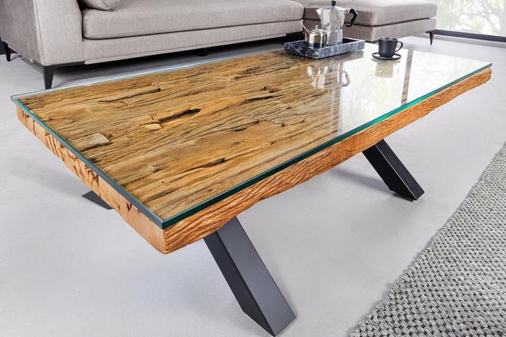 Massieve salontafel BARRACUDA 110cm antiek naturel teakhout, Huis en Inrichting, Tafels | Salontafels, Ophalen of Verzenden