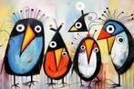 795 - Schilderij vogels op rij, abstract, kleurrijk, kunst, Oorspronkelijke maker, Verzenden, Nieuw, Schilderij
