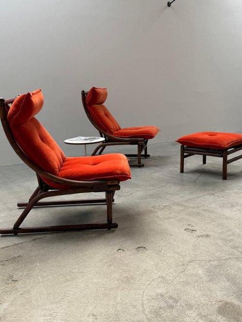 Fauteuil - Bamboe, Fluweel - Twee fauteuils en ottomaan, Antiek en Kunst, Kunst | Designobjecten