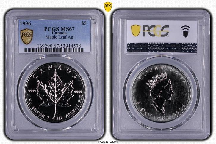 Canada 1 oz Maple Leaf 1996 PCGS MS67 gecertificeerd, Postzegels en Munten, Munten | Amerika, Noord-Amerika, Losse munt, Zilver