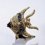 Broche Vintage 18k gouden diamanten saffier visbroche