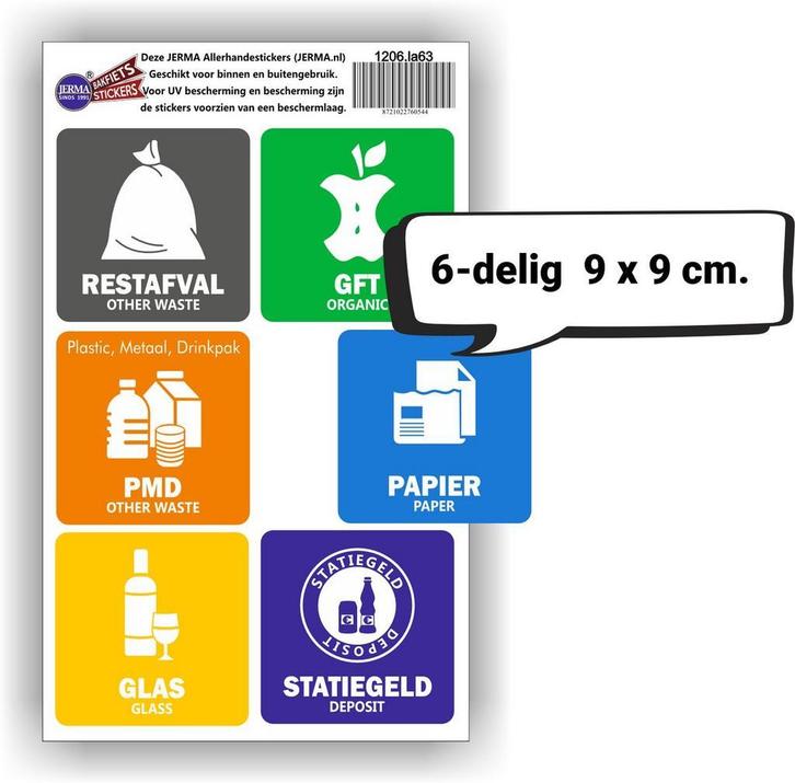 Recycling afvalbak stickers (1206.63), Verzamelen, Stickers, Overige typen, Nieuw, Verzenden