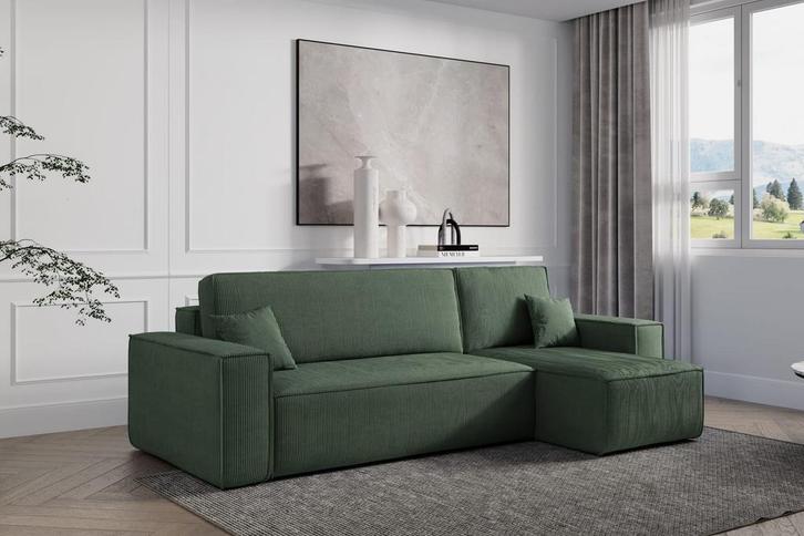 Hoekbank Ribstof Karlo Groen | Universeel | €449,-, Huis en Inrichting, Banken | Bankstellen, 200 tot 250 cm, 100 tot 125 cm, Hoekbank
